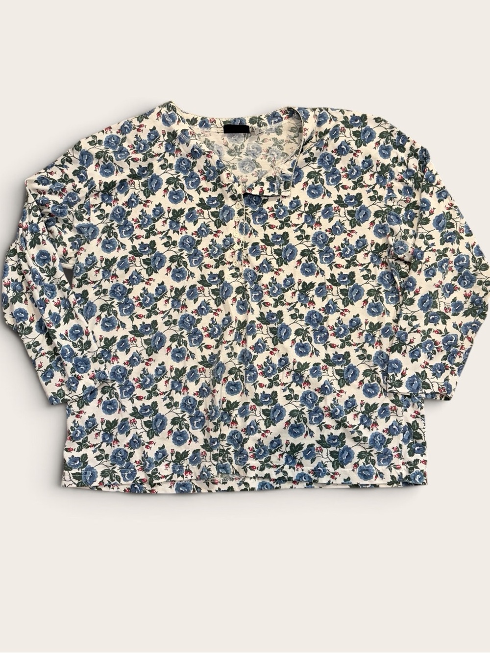 VINTAGE 90s Chic Women’s 20W Floral Henley Top Blue Rose Cottagecore Plus Size